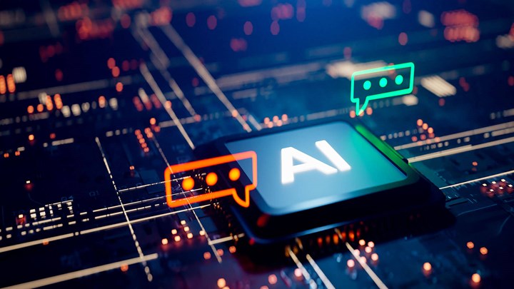AI chip with chat bubbles on a circuit board.
